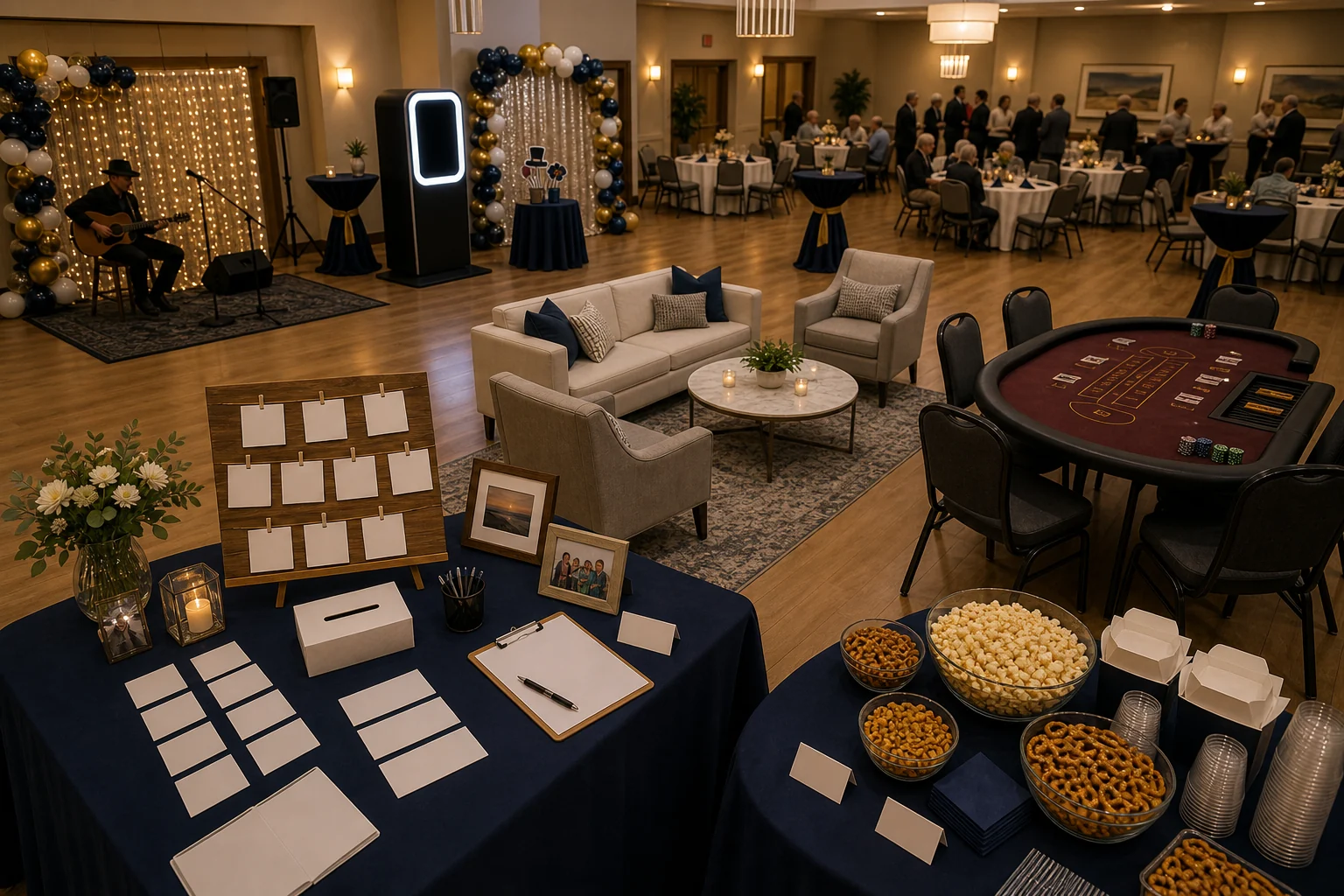Retirement party layout with speech area, photo booth, memory table, lounge game table, live entertainment corner, snack table, seating, and paths