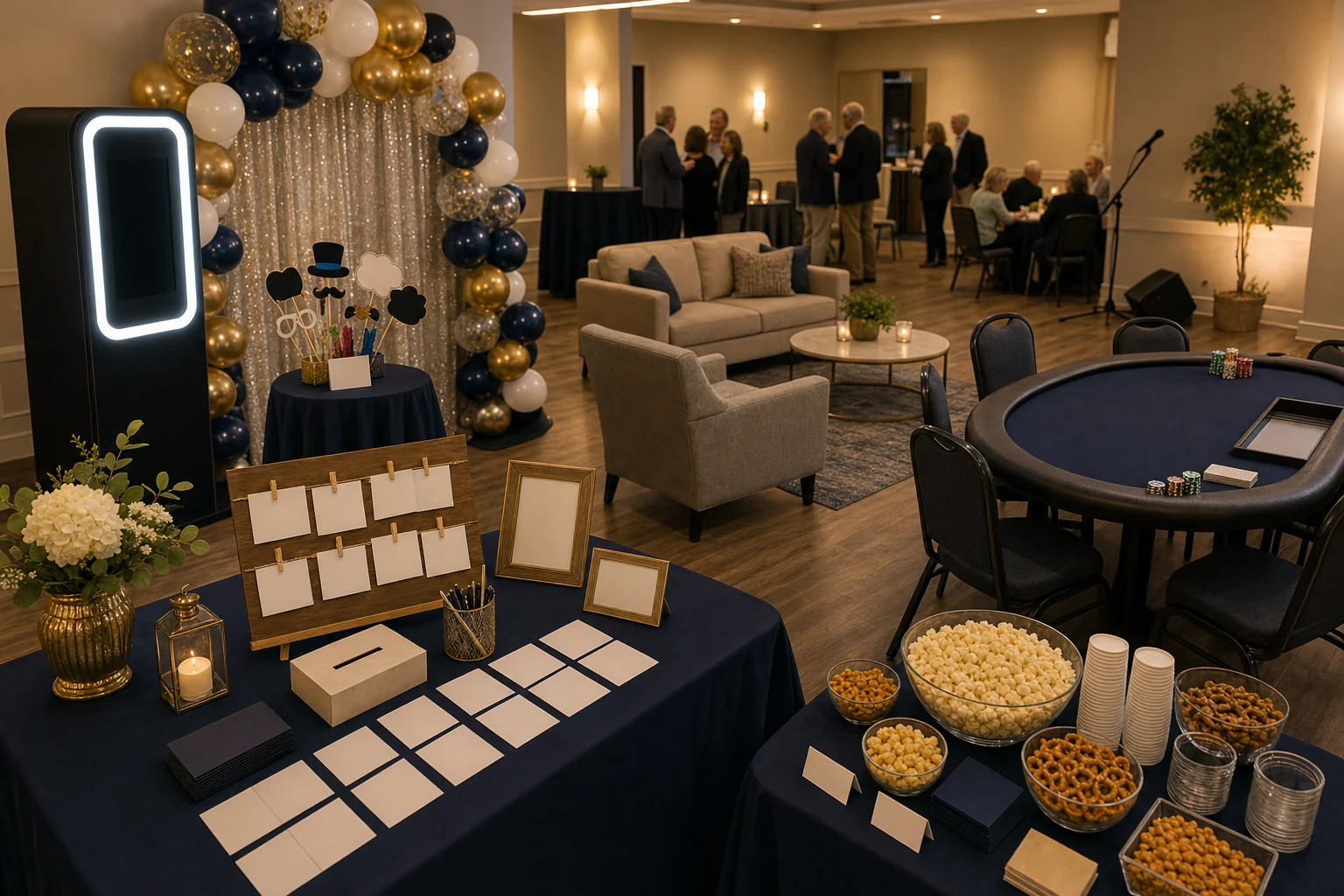 Retirement party feature with photo booth backdrop, blank memory cards, lounge game table, snack cups, microphone, and seating
