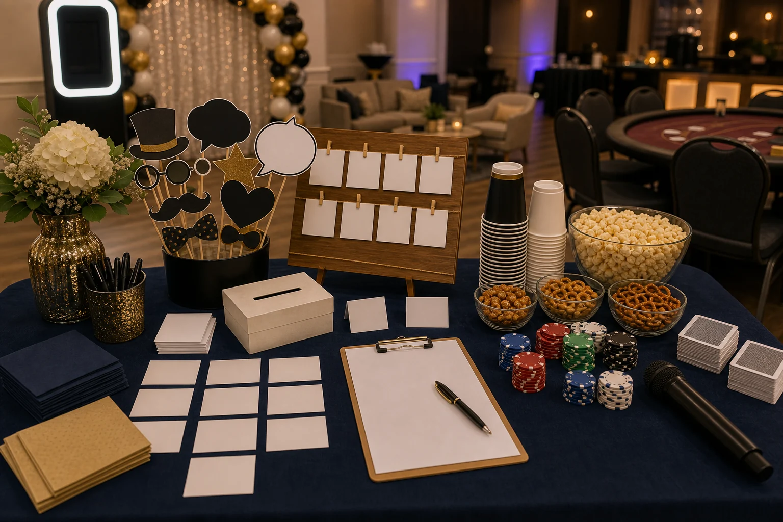 Retirement party detail with blank memory cards, blank photo props, unbranded chips, microphone, plain cups, snack bowl, clipboard, and pen