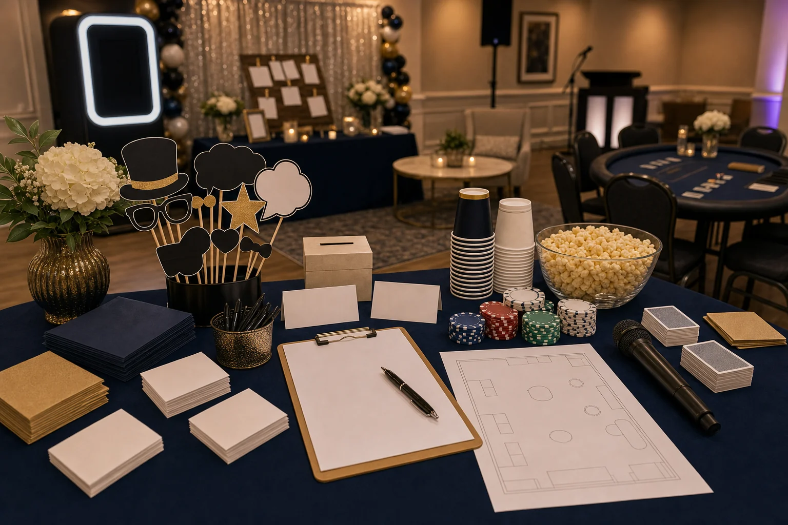 Retirement party quote planning materials with blank checklist, room layout sketch, memory cards, microphone, unbranded chips, folder, and pen