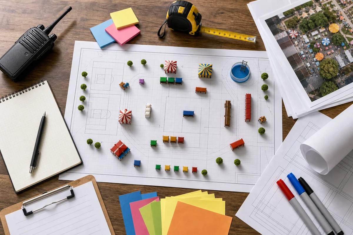 School carnival rental layout planning with booth zones and concession flow