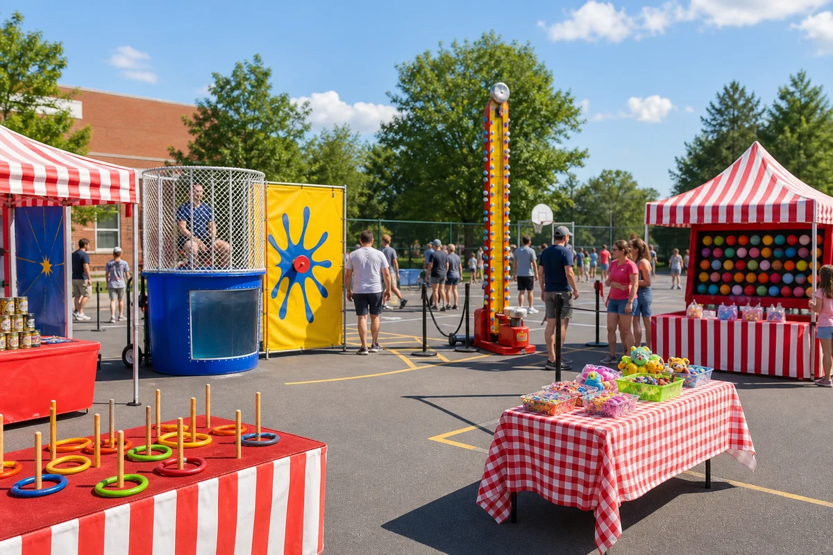 School carnival game rentals with dunk tank and classic booth games