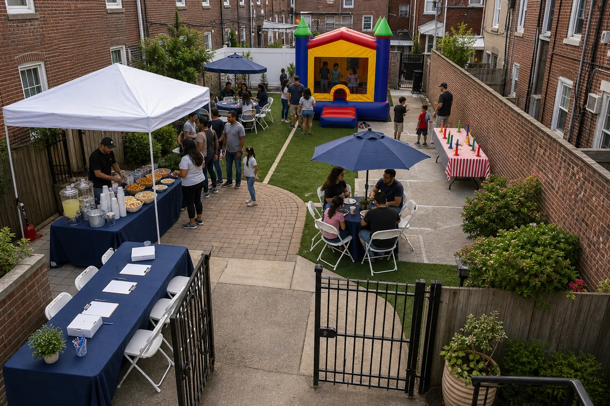 South Philadelphia compact party layout with bounce area, game table, snack station, seating, and walking lanes