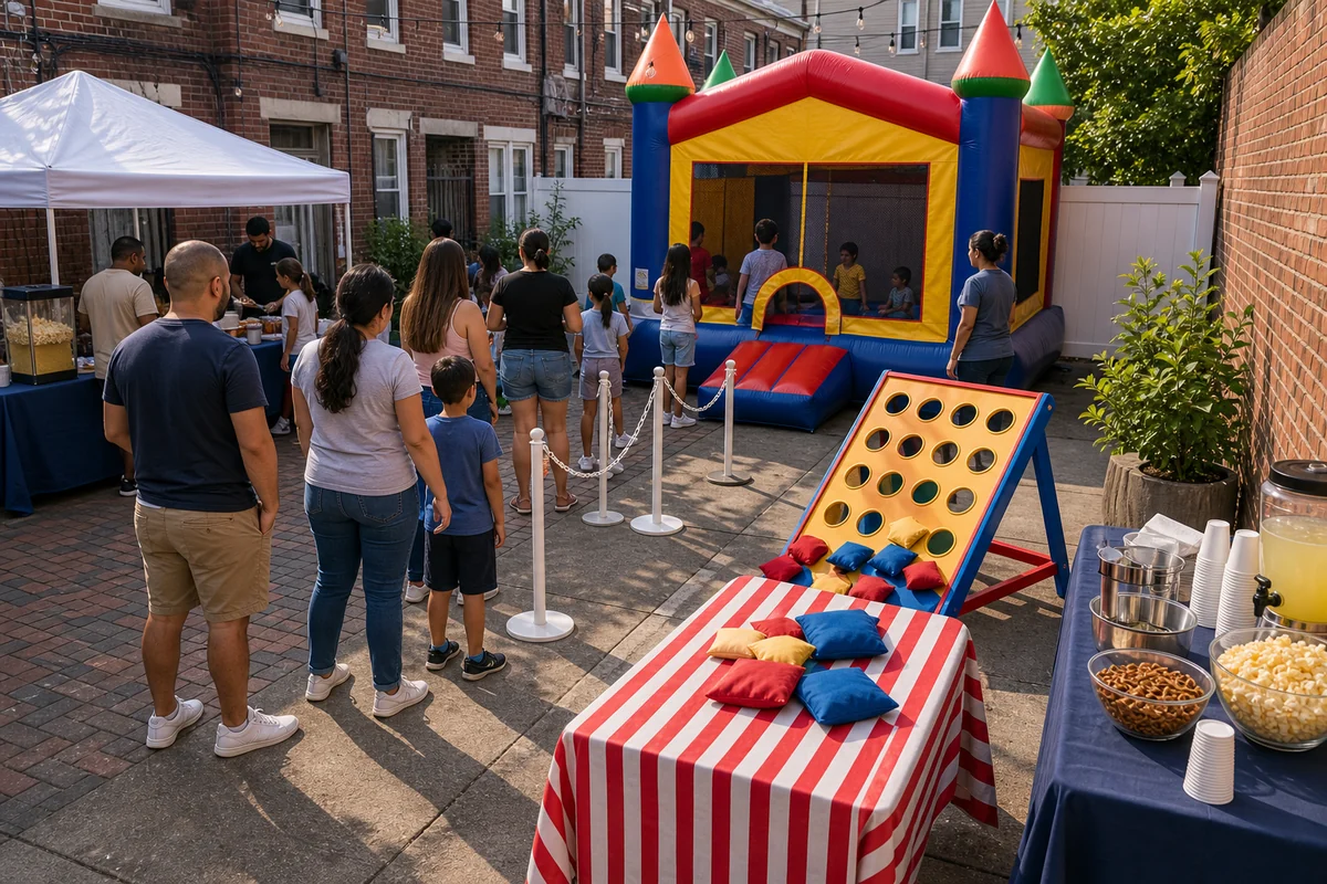 Compact South Philadelphia bounce and carnival game setup with plain vinyl inflatable, beanbags, concession table, and queue space