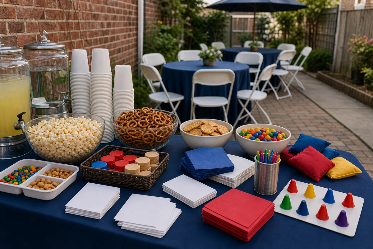 South Philadelphia party detail with concession supplies, folding seating, blank activity cards, beanbags, and compact game materials