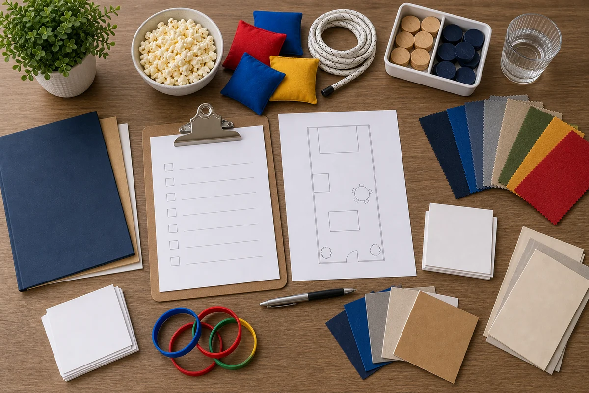 South Philadelphia party rental quote planning materials with blank checklist, narrow-yard sketch, swatches, folders, and game pieces