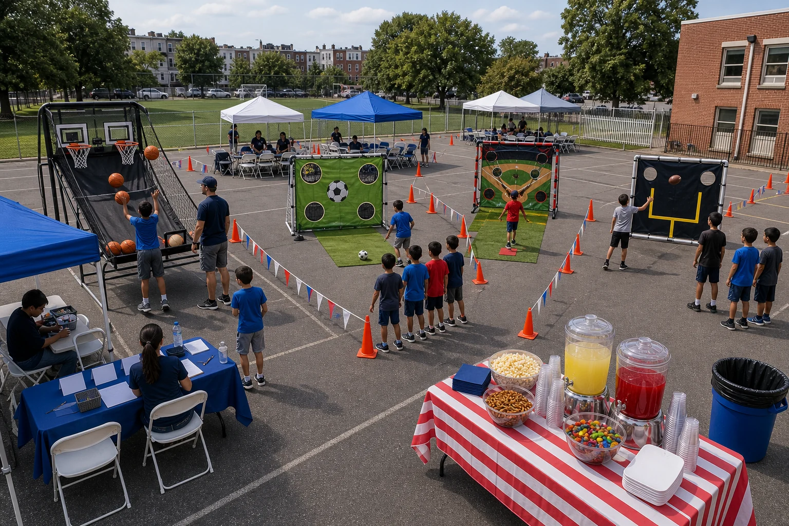 Sports team party rotation layout with basketball, soccer, baseball, football, check-in, snack table, and cone-marked paths