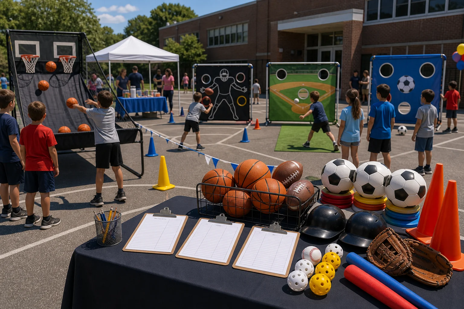 Sports challenge game feature with basketball toss, football target, soccer balls, baseball pitch target, cones, and blank scorecards