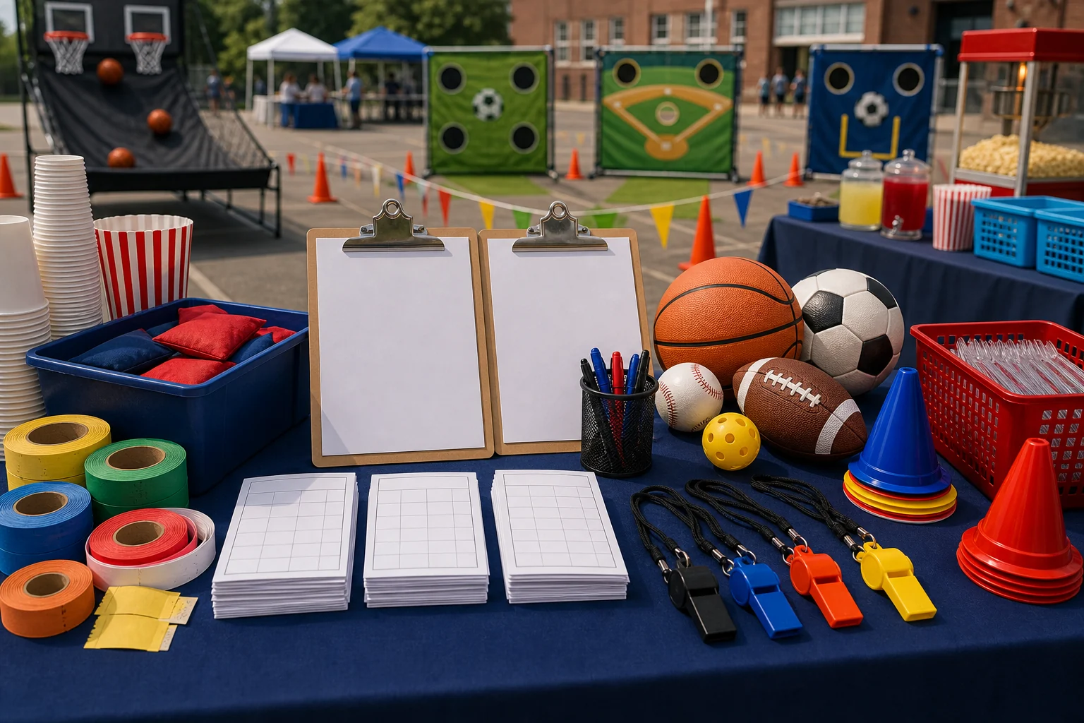 Sports team party supplies with blank scorecards, wristbands, cones, balls, beanbags, clipboards, and snack cups