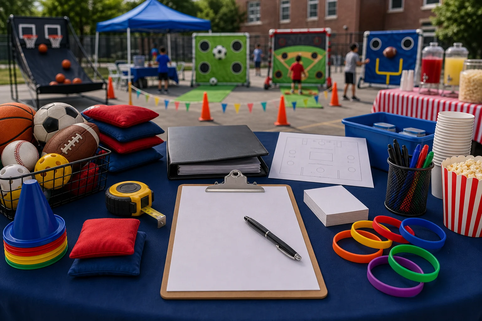 Sports team party quote planning materials with blank checklist, station sketch, sports balls, wristbands, folder, and pen