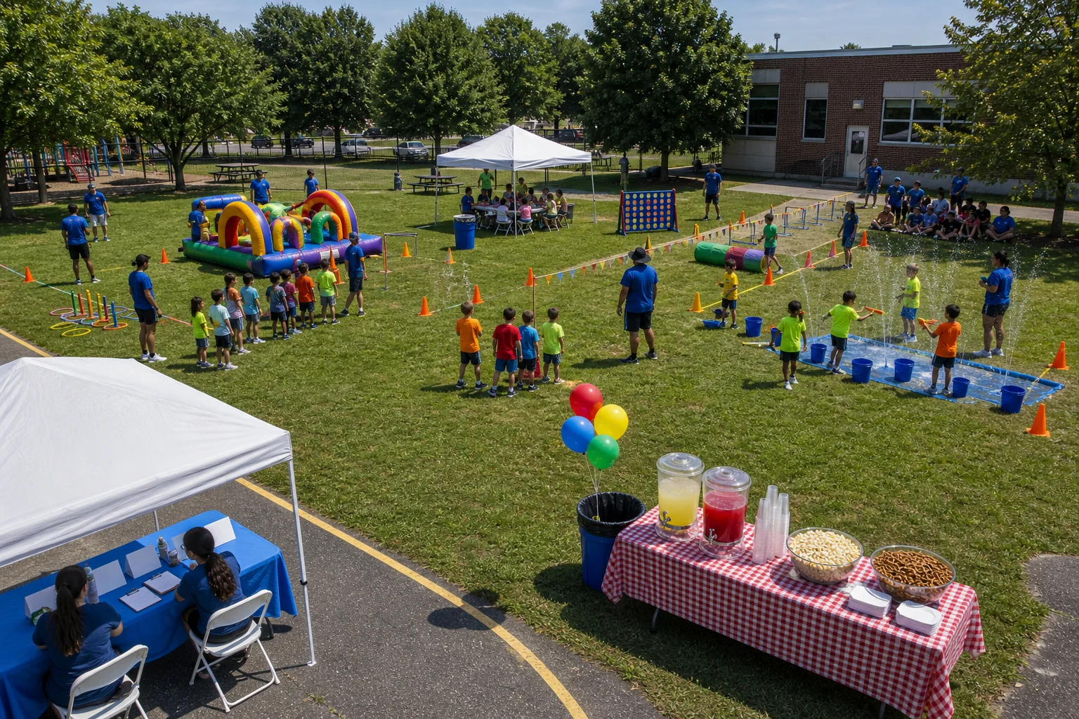 Summer camp event rotation layout with dry obstacle station, water game, cones, shaded seating, snack table, and walking lanes