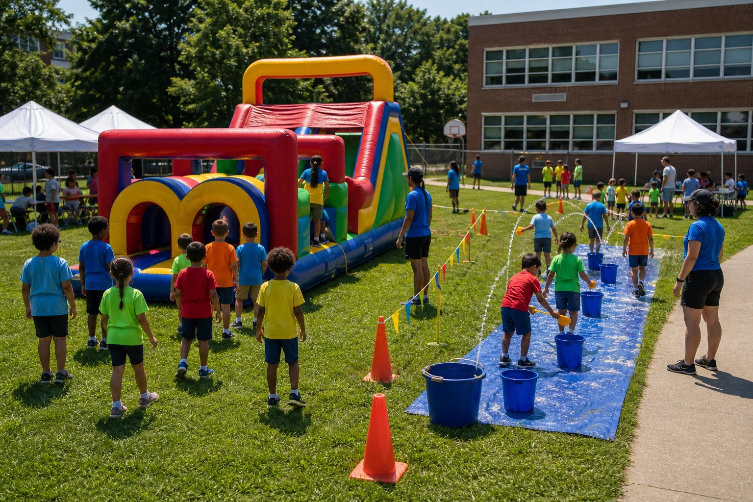 Summer camp obstacle activity and water game feature with cones, shade tent, counselor area, and safe dry walking lane