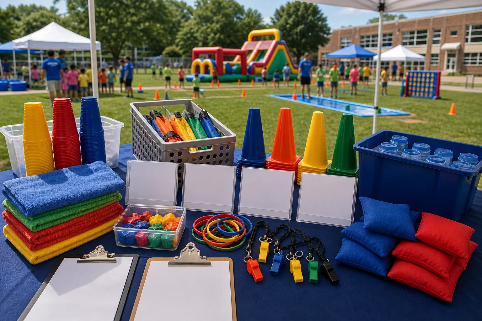 Summer camp station supplies with blank rotation cards, cones, wristbands, towels, cups, beanbags, clipboards, and bins