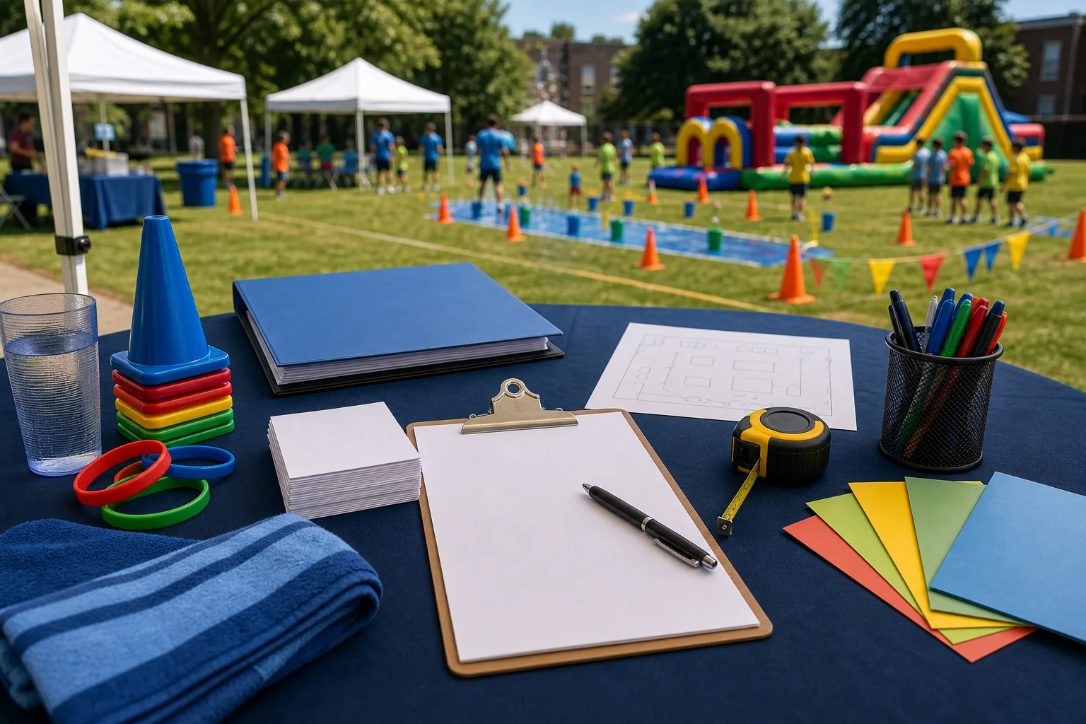 Summer camp event rental quote materials with blank checklist, site sketch, cones, wristbands, towel, water cup, folder, and pen