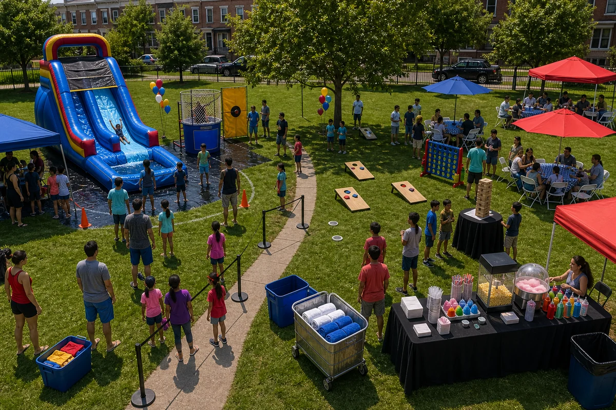 Summer party rental layout with water slide, dunk tank, dry games, shade, and concessions
