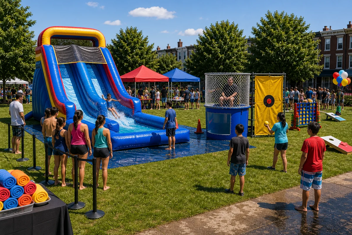 Water slide and dunk tank summer party rental attraction in Philadelphia