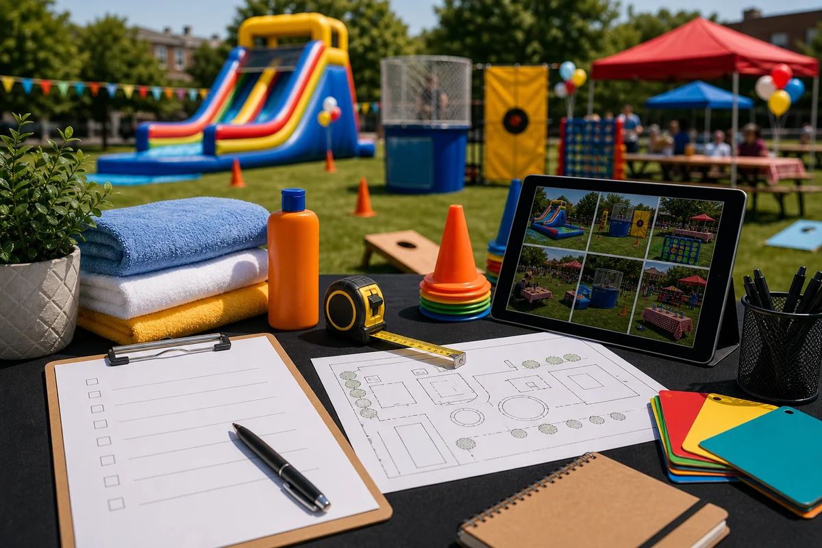 Summer party rental quote checklist with water slide, dunk tank, and outdoor game planning materials