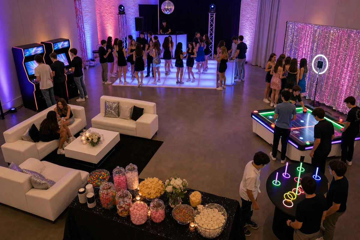 Sweet sixteen party layout with dance floor, arcade zone, LED photo booth, glow games, snack station, and lounge seating