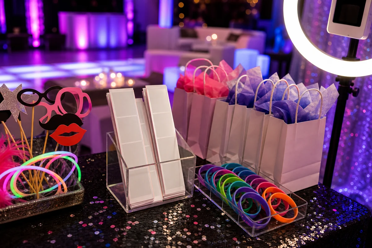 Sweet sixteen photo booth favor detail with blank photo cards, glow props, bracelets, and party favors