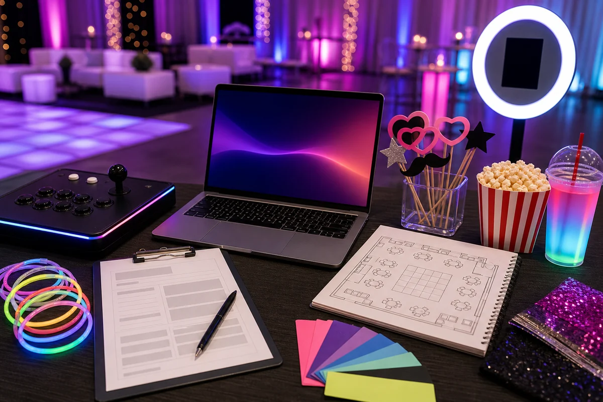 Sweet sixteen rental quote checklist with photo booth, arcade, glow game, layout, and party planning materials