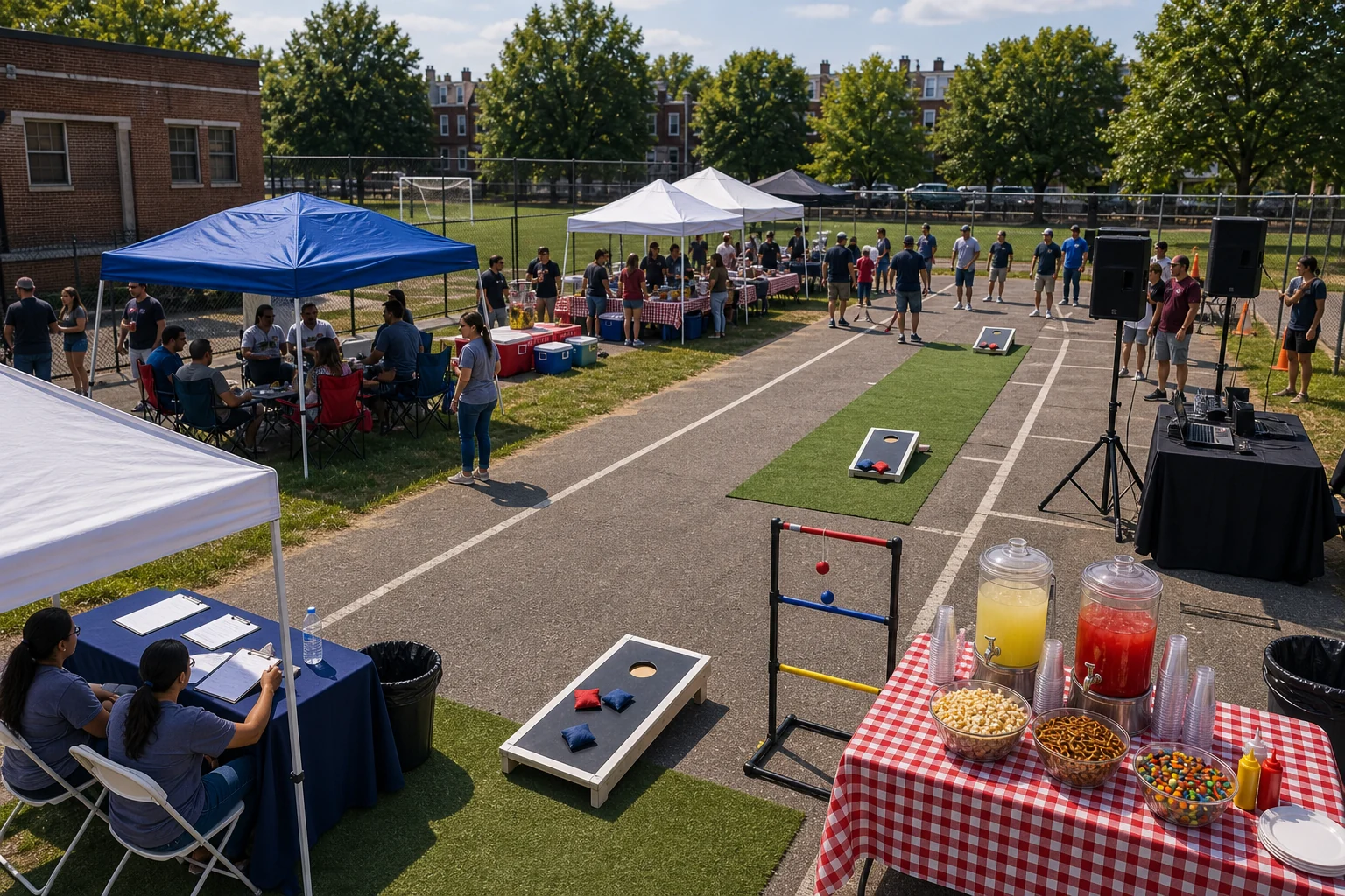 Tailgate party layout with cornhole lane, ladder toss, food table, seating, PA speaker, check-in table, and walking paths