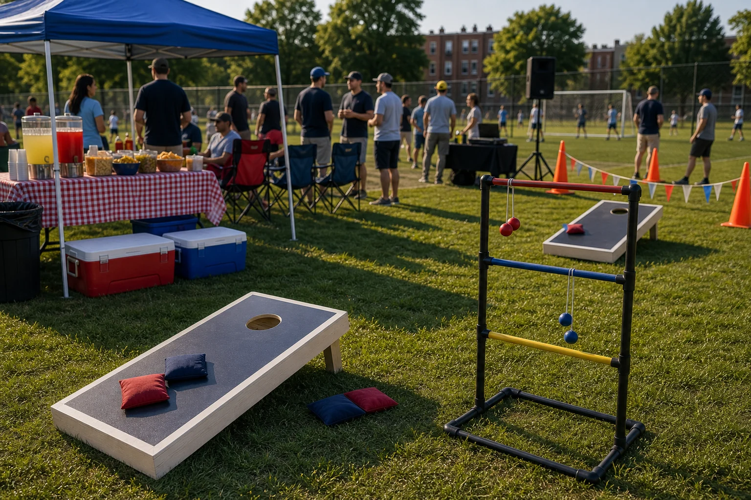 Tailgate party feature with cornhole boards, ladder toss, beanbags, snack station, folding chairs, and PA speaker