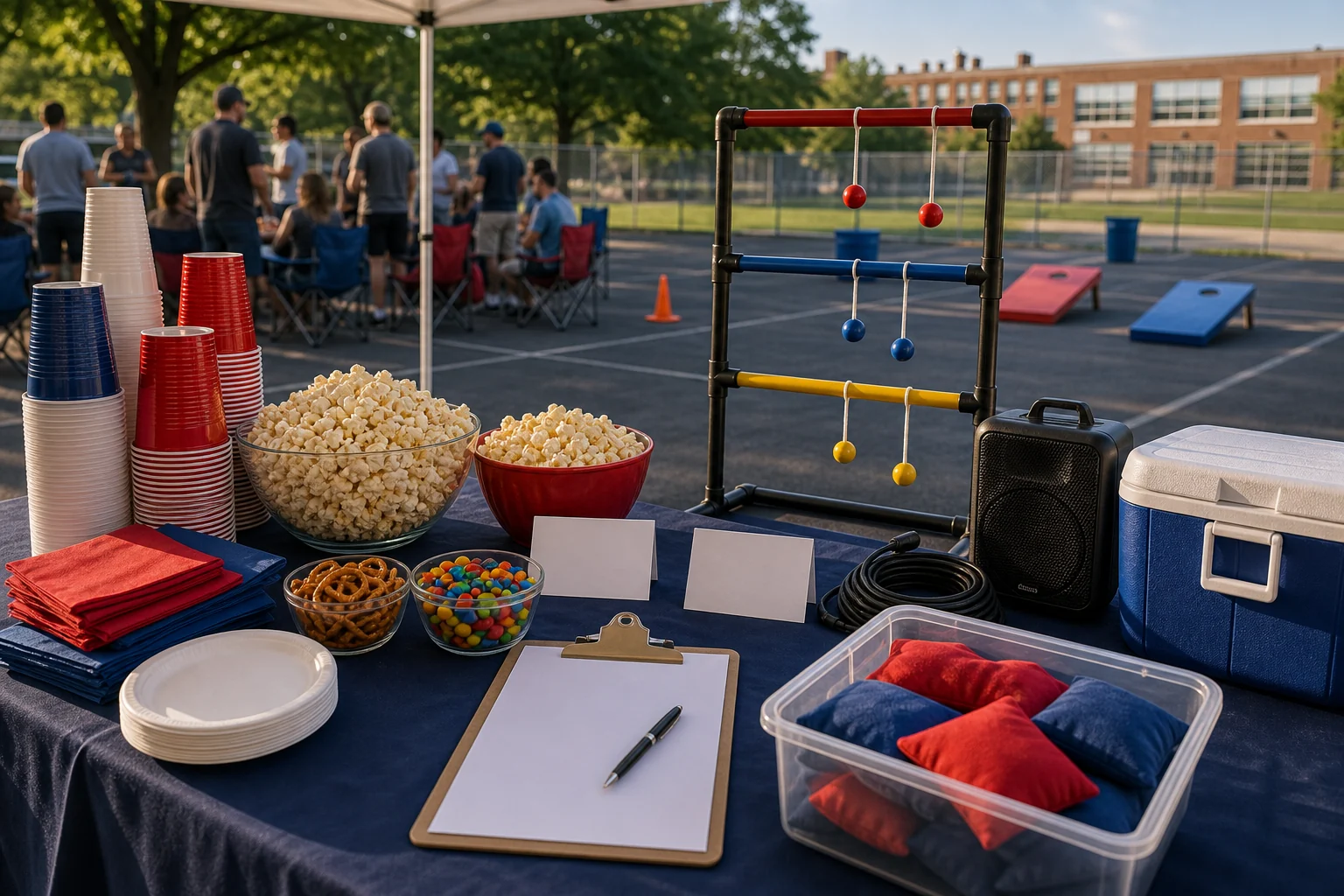 Tailgate snack and game materials with plain cups, popcorn bowls, beanbags, ladder toss pieces, cooler, coiled cable, and blank cards