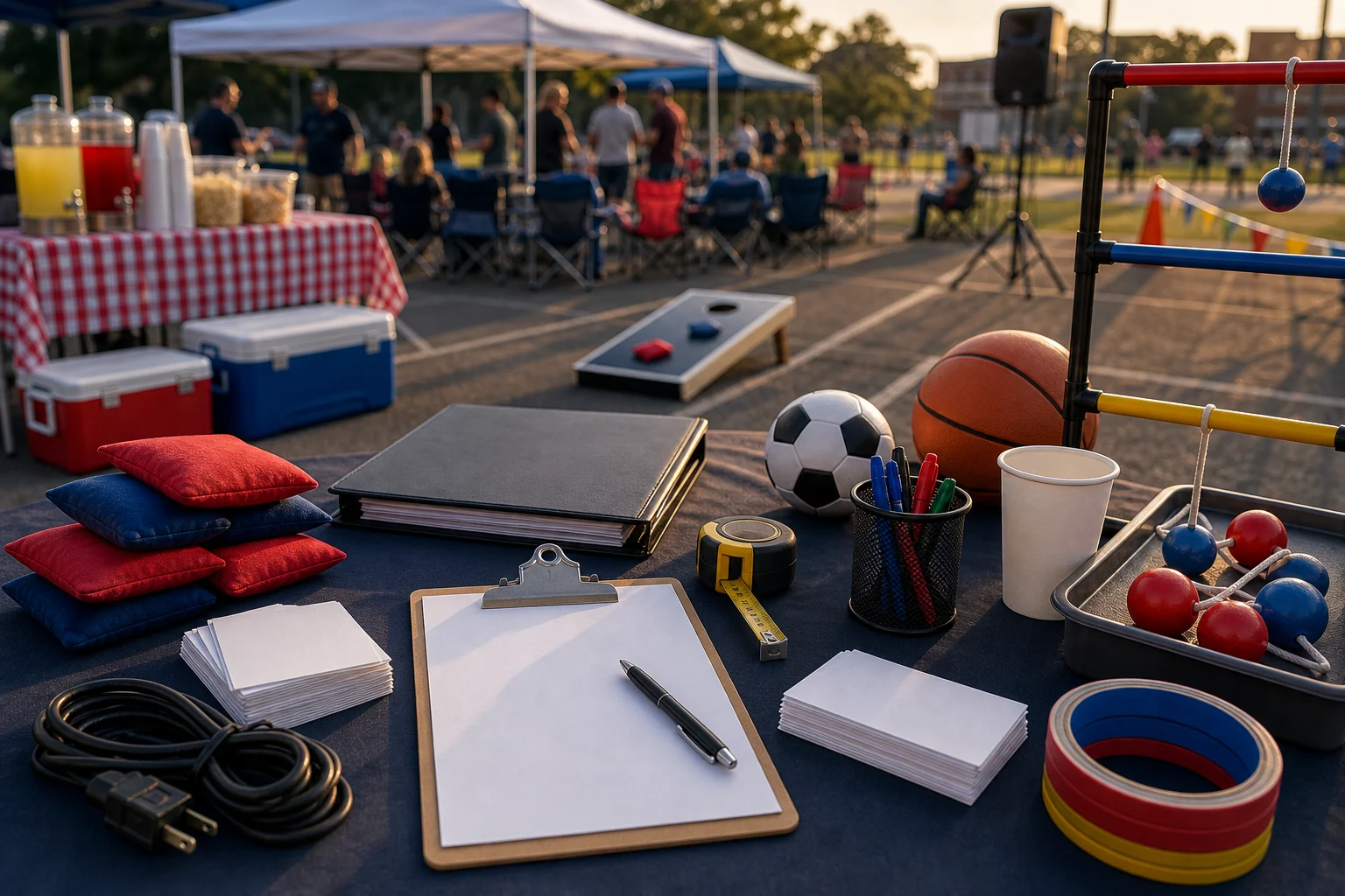 Tailgate quote planning materials with blank checklist, layout sketch, beanbags, ladder toss pieces, coiled cable, folder, and pen