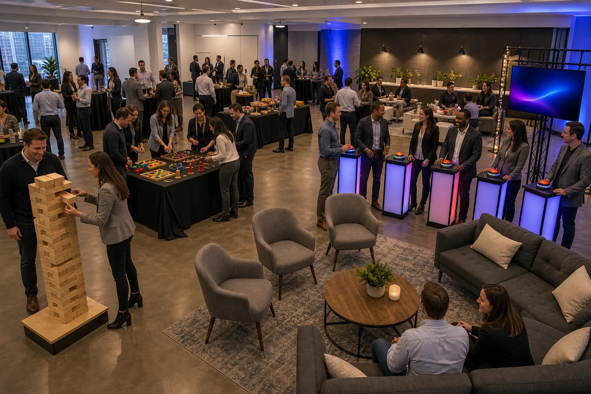 Corporate team-building layout with interactive games, giant games, game show stations, lounge seating, and walking lanes
