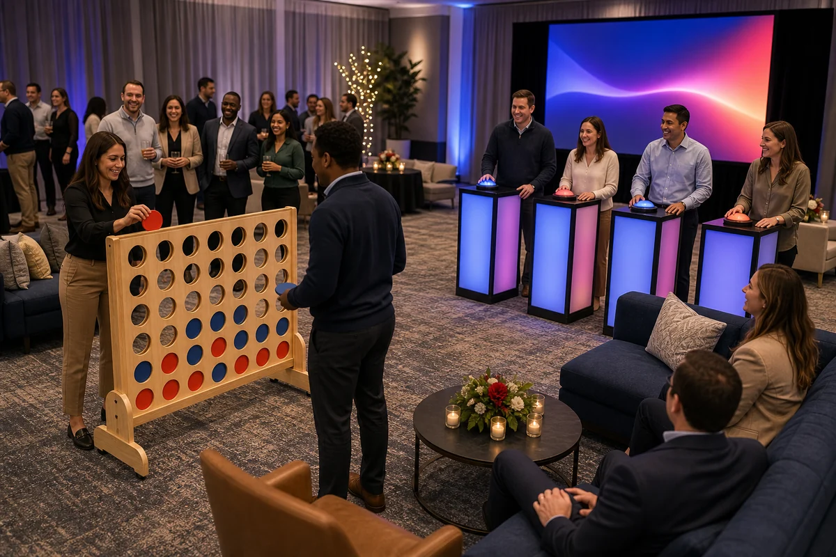 Corporate team-building game show and giant game feature station with adult coworkers participating