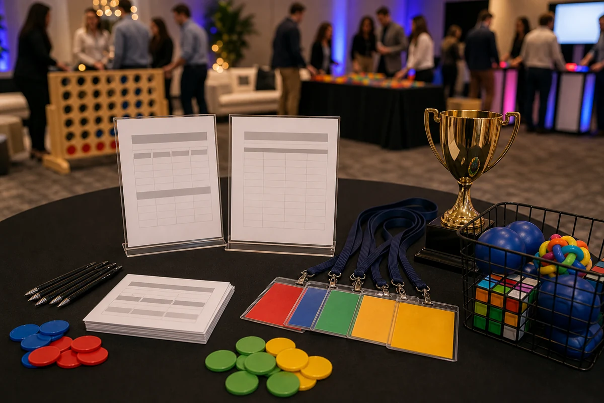 Team-building activity detail with blank scorecards, blank team badges, game tokens, and prize materials