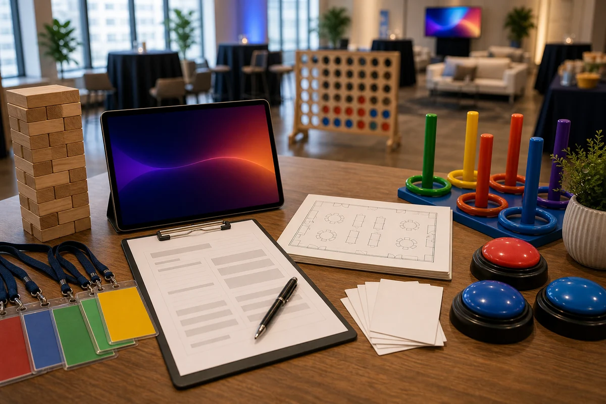 Team-building rental quote checklist with giant game pieces, buzzers, blank badges, and layout planning materials