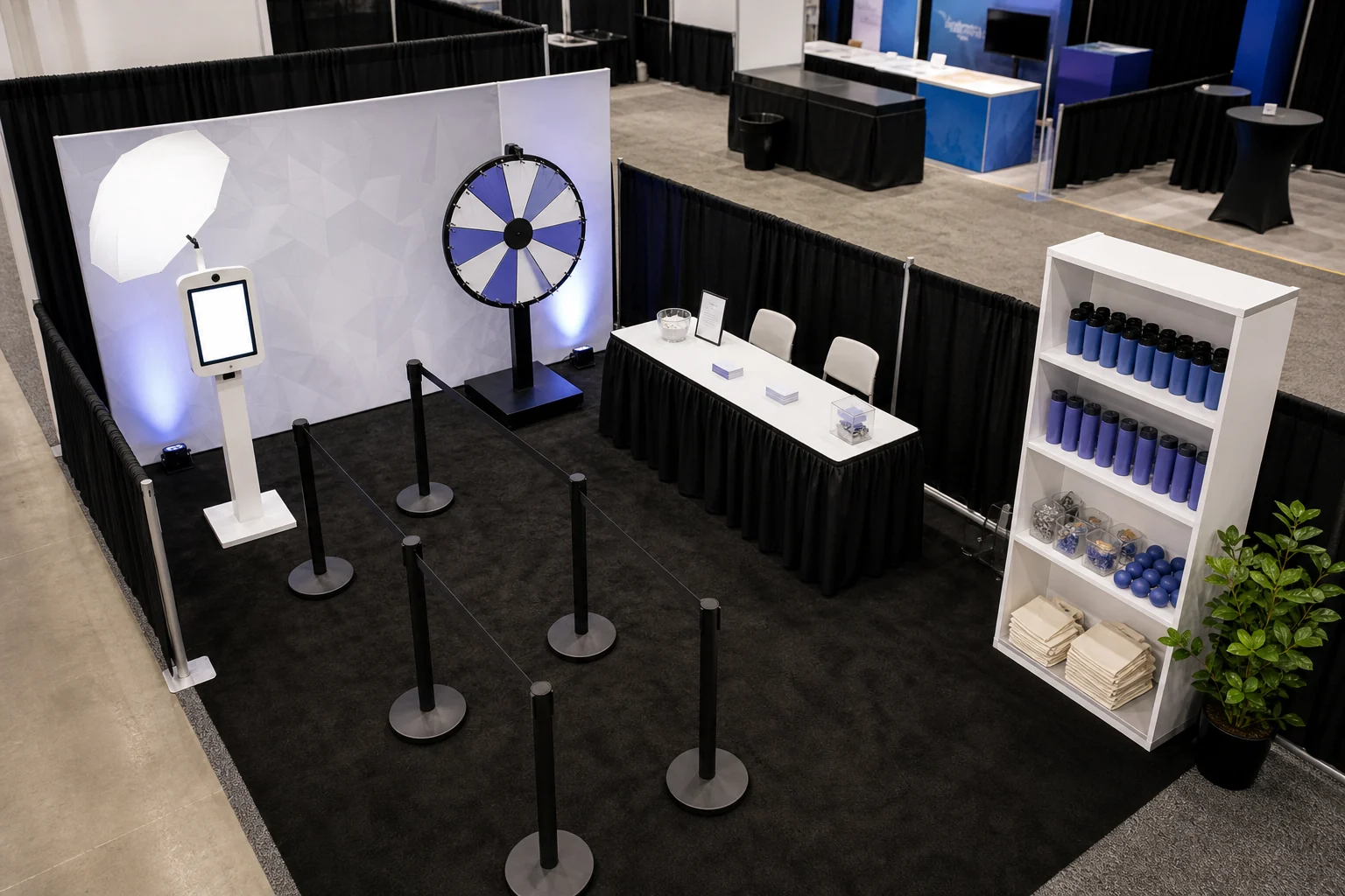 Trade show booth footprint with queue, activation area, staff table, prize display, and open traffic lane