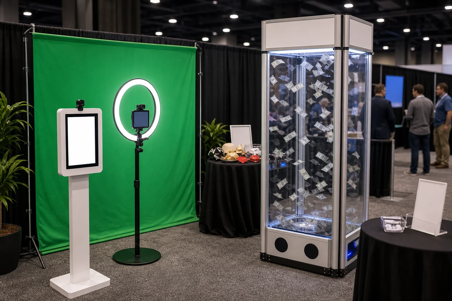 Trade show booth activation with blank green screen photo setup, ring light, kiosk, and prize attraction