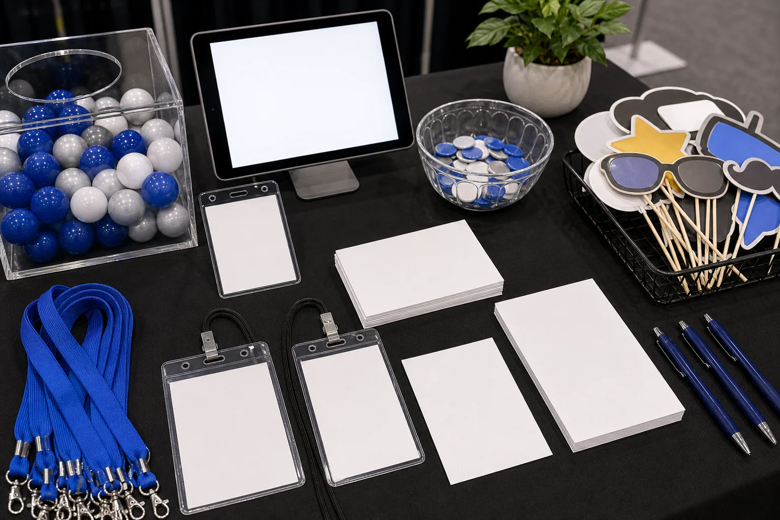 Trade show detail with blank badges, lead cards, props, prize tokens, lanyards, pens, and blank tablet