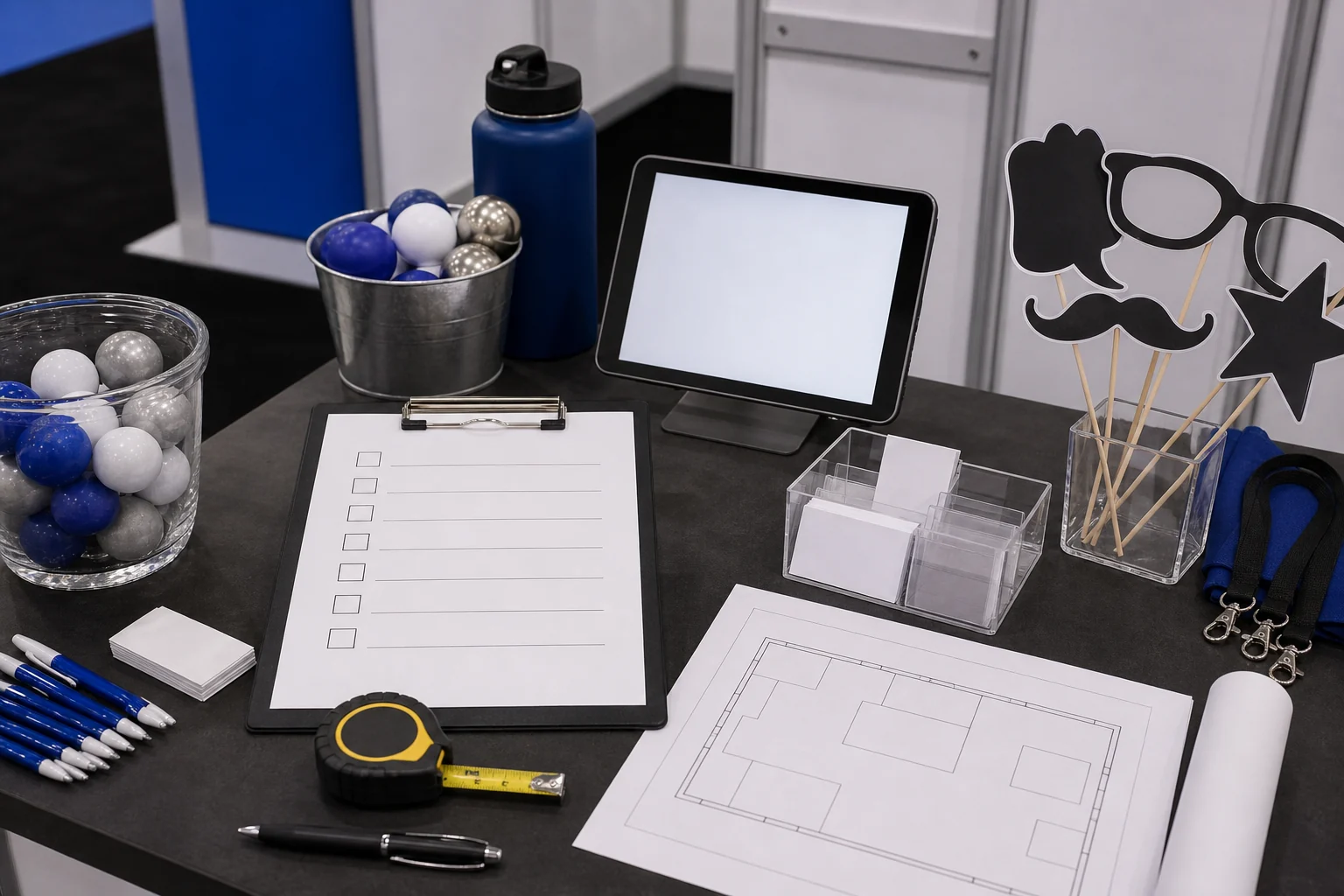 Trade show quote checklist with blank clipboard, booth floor plan, tablet, measuring tape, props, and prize items