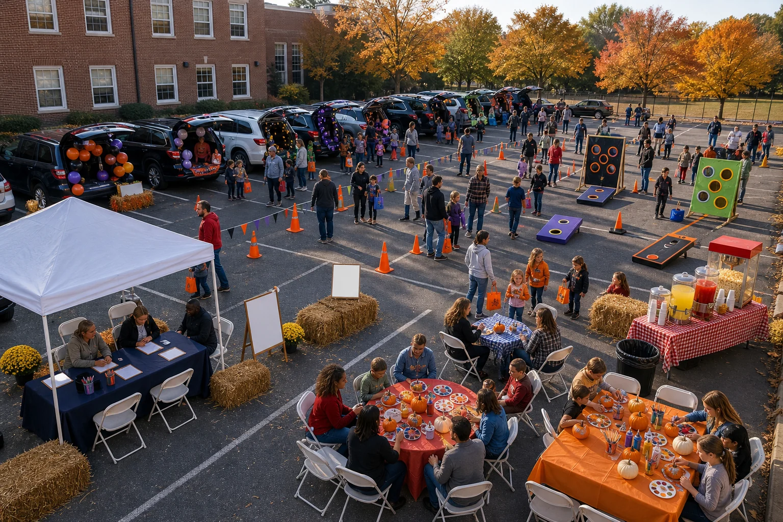 Trunk-or-treat parking lot layout with decorated trunks, candy area, games, crafts, snacks, seating, check-in, and cones