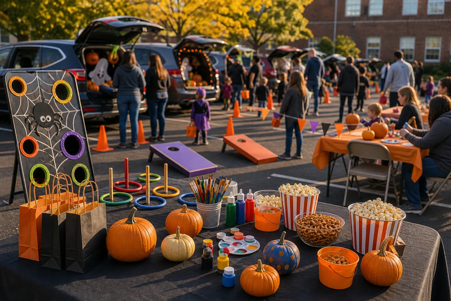 Trunk-or-treat feature with blank treat bags, pumpkin craft table, simple game station, cones, and autumn decorations