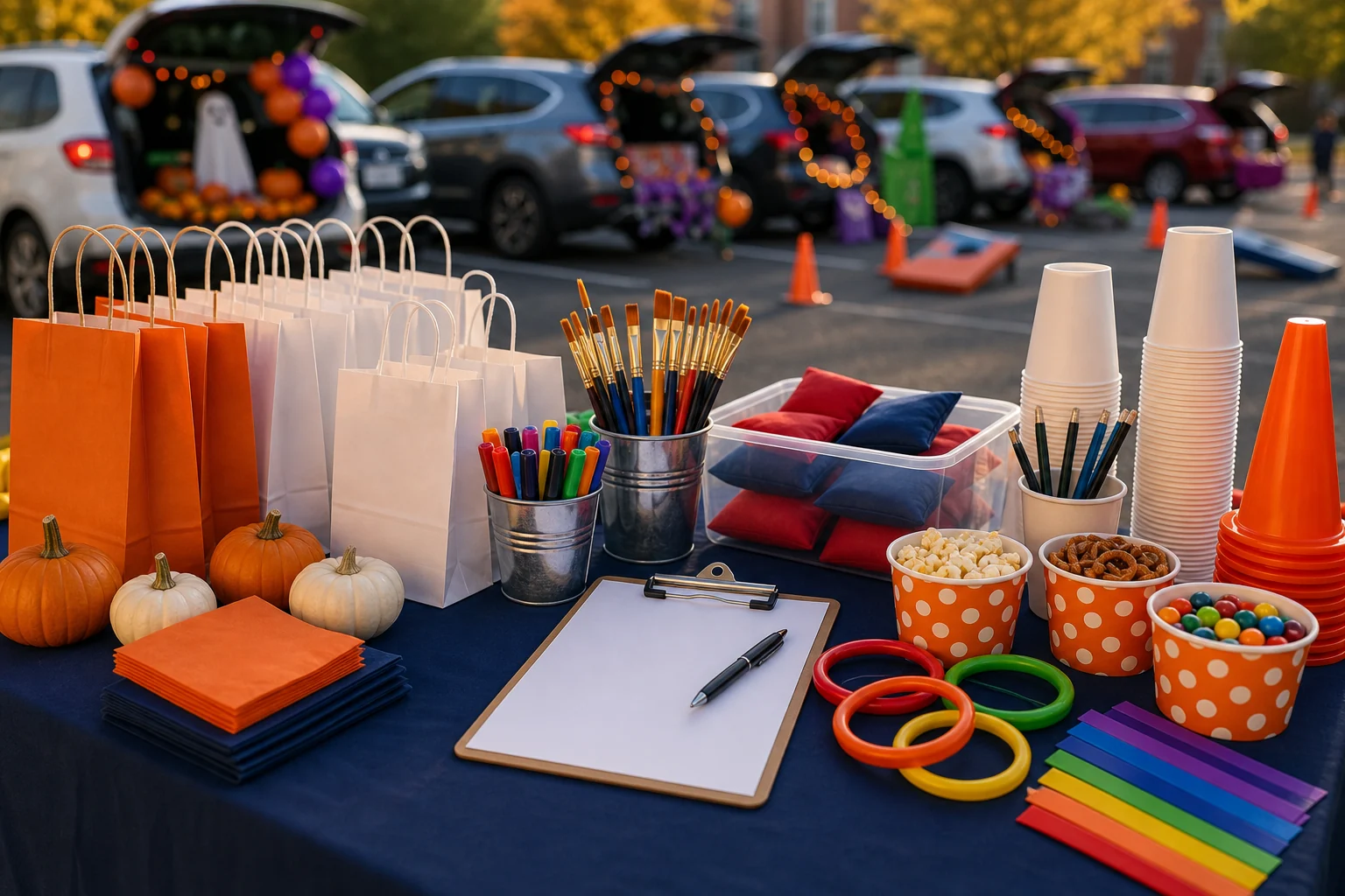 Trunk-or-treat supplies with blank treat bags, craft items, game pieces, snack cups, wristbands, cones, and blank clipboard