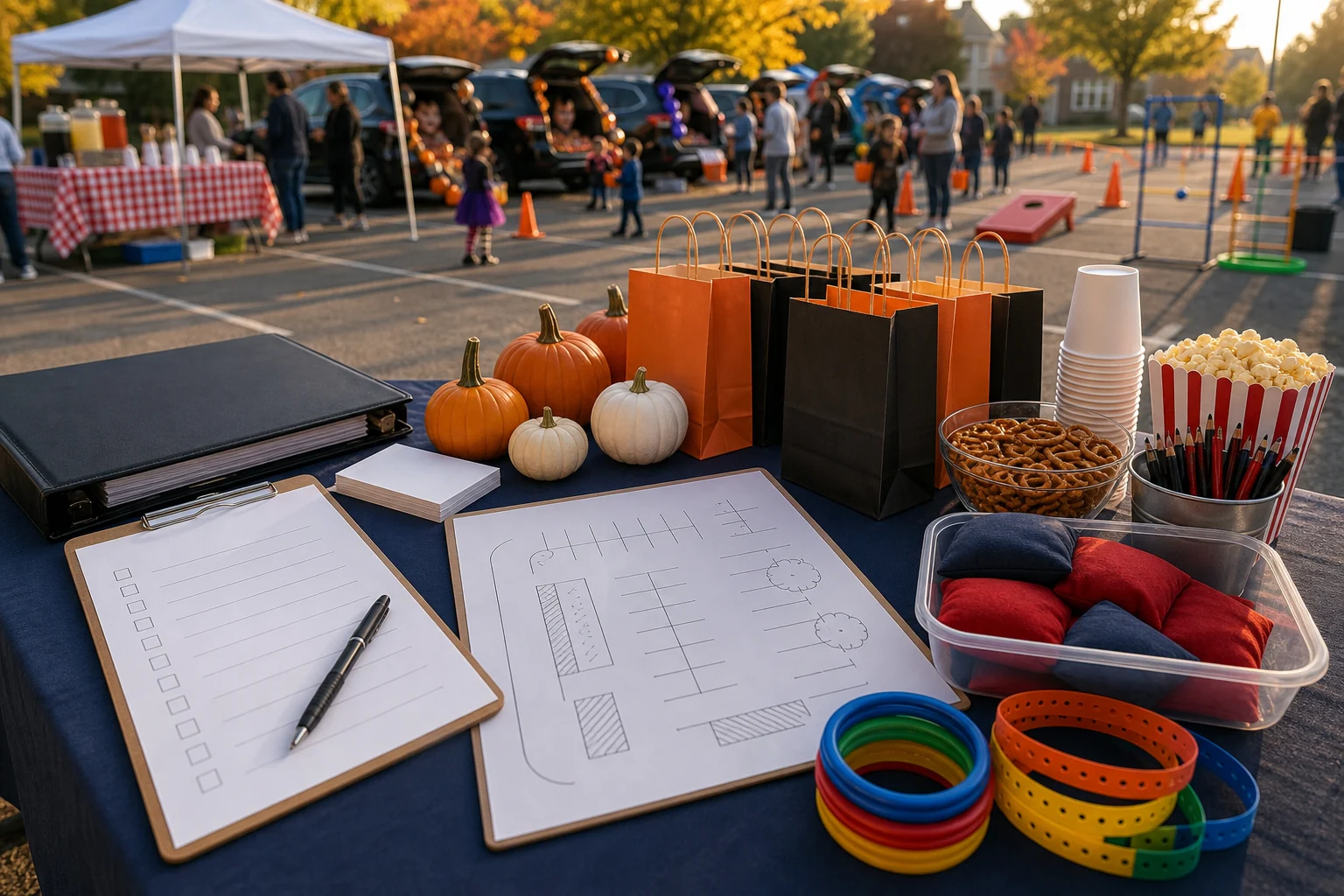 Trunk-or-treat quote planning materials with blank checklist, parking lot sketch, treat bags, cones, game rings, pumpkins, and pen