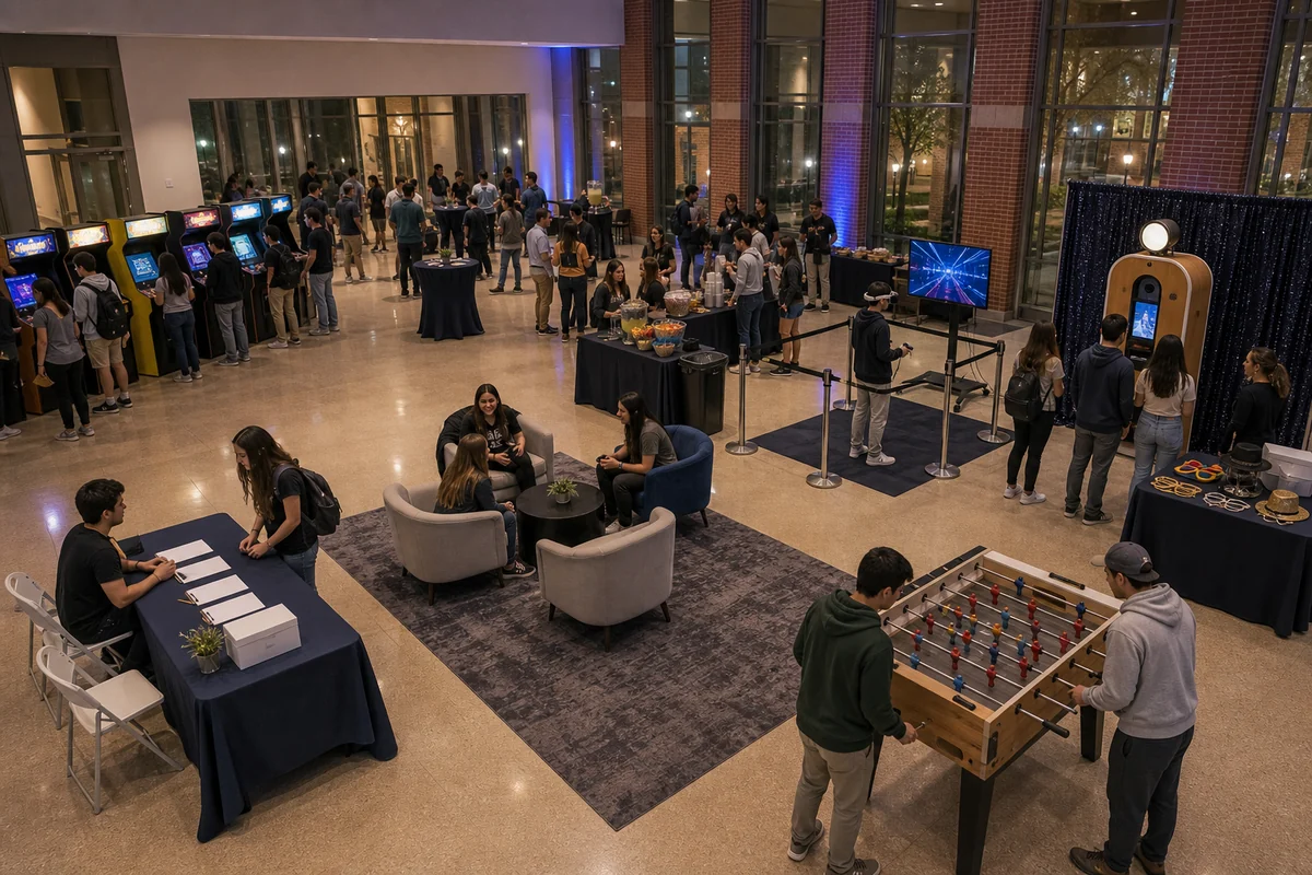 University City campus event layout with arcade zone, VR station, photo booth corner, snack table, seating cluster, check-in table, and clear walking lanes