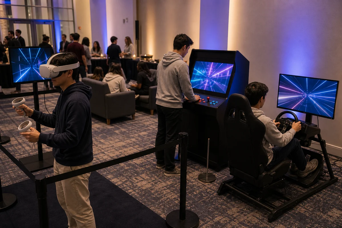 University City event feature with VR headset station, unbranded arcade controller station, racing simulator, and abstract screens