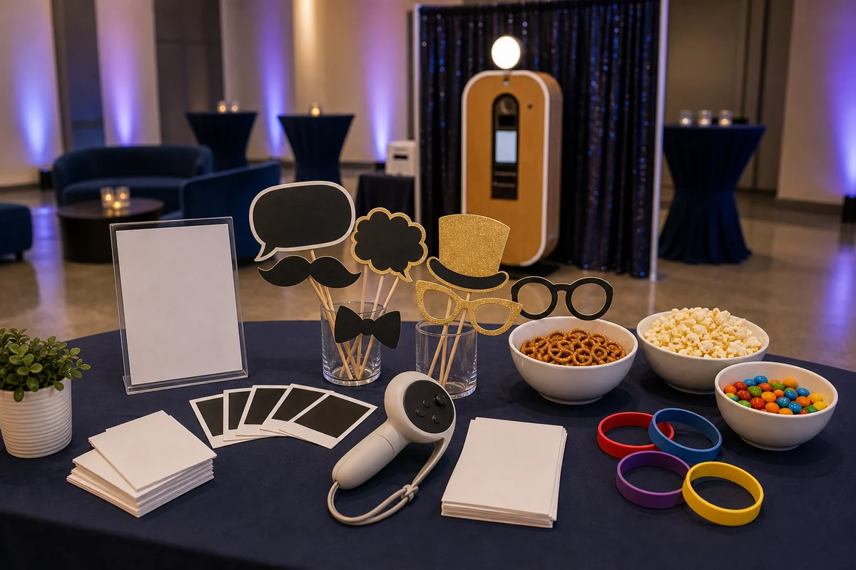 University City campus event detail with blank photo booth props, snack bowls, wristbands, VR controller, blank activity cards, and lounge seating