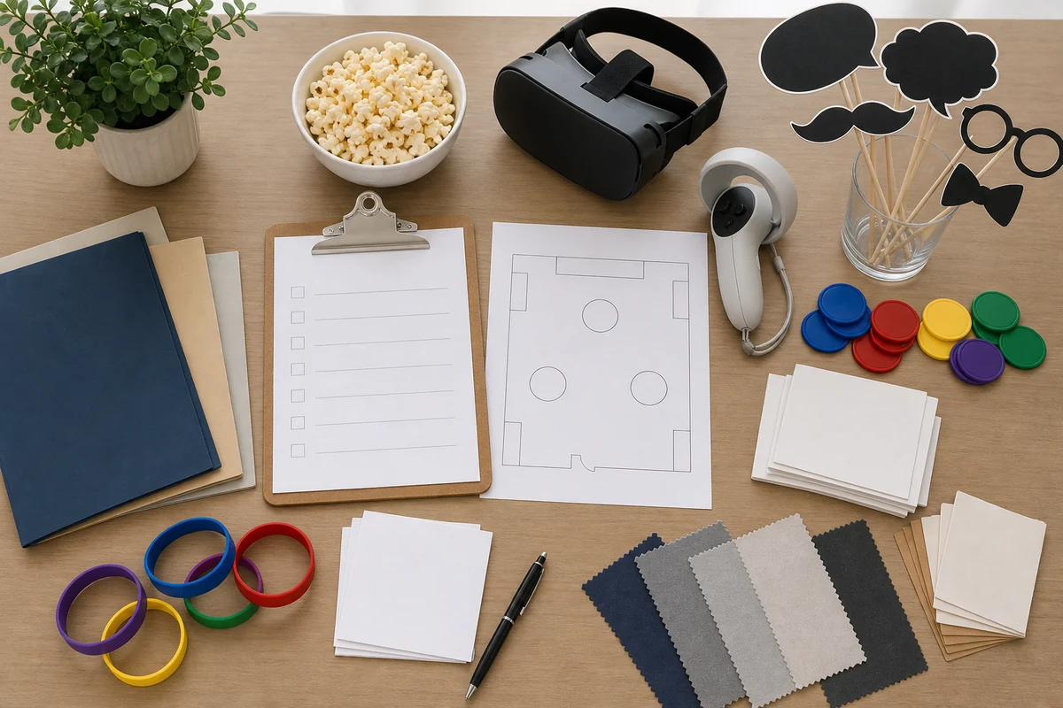 University City event rental quote planning materials with blank checklist, campus layout sketch, VR controller, photo booth props, snack bowl, folders, and wristbands