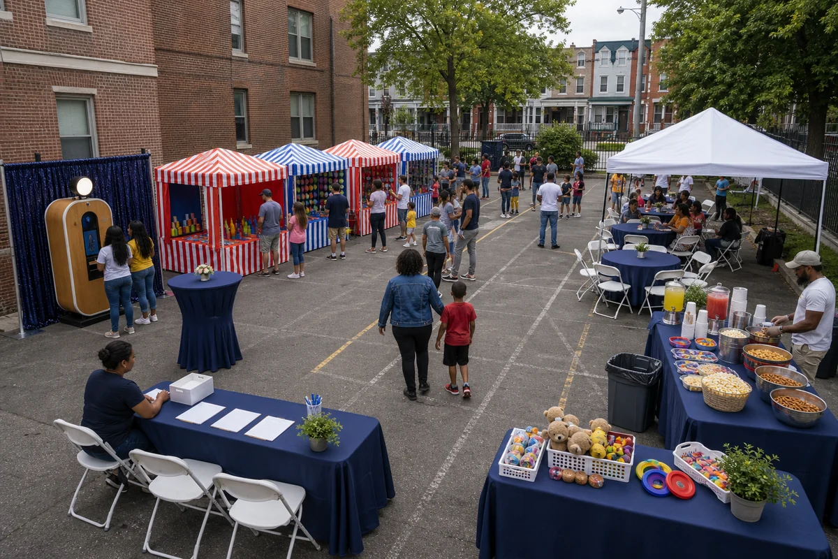 West Philadelphia schoolyard or community lot layout with carnival game booths, photo booth corner, concession table, volunteer table, seating, and walking paths