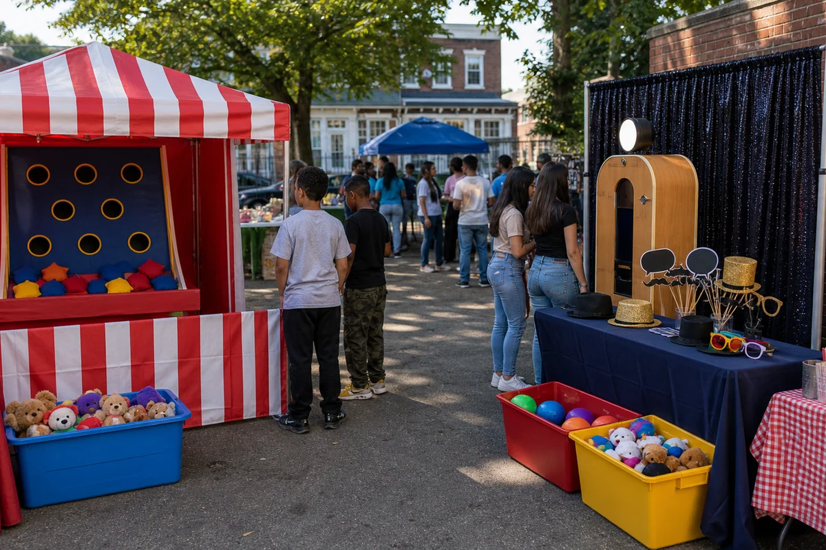 West Philadelphia community event feature with carnival booth, blank photo booth props, prize bins, snack table, and distant guests
