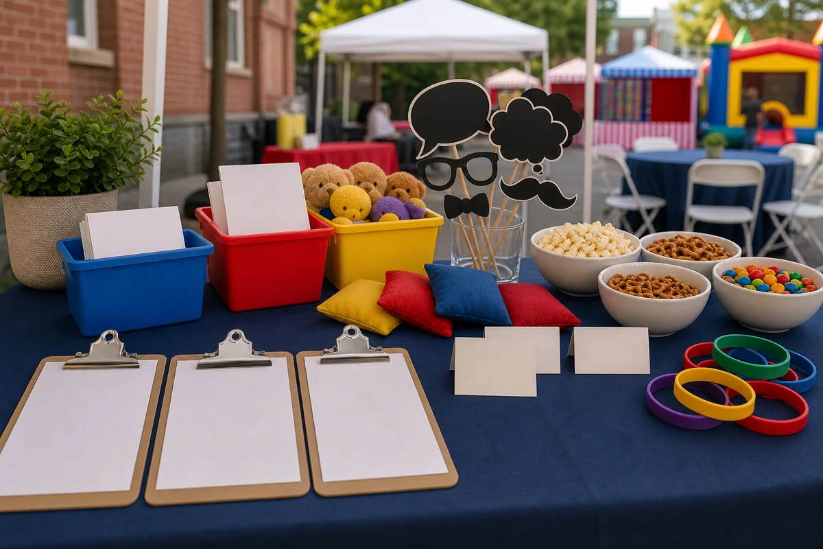 West Philadelphia volunteer table detail with blank clipboards, station cards, wristbands, beanbags, photo props, snack bowls, and colored bins