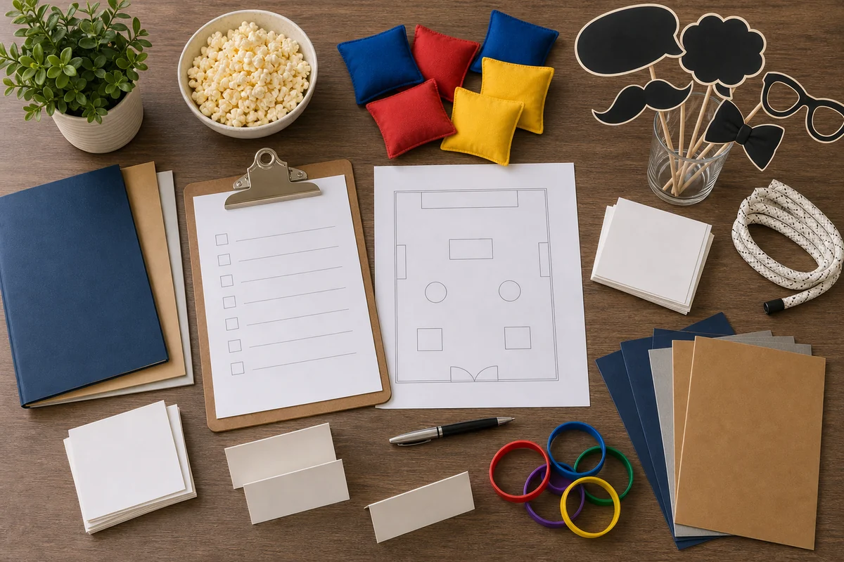 West Philadelphia community event quote planning materials with blank checklist, layout sketch, volunteer cards, wristbands, props, folders, and game pieces