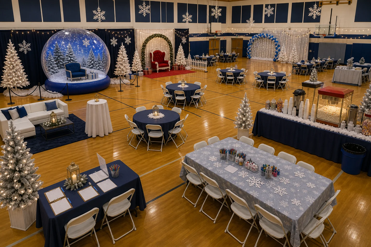 Winter festival layout with snow globe photo area, Santa photo corner, craft tables, warm snack station, seating, and clear paths