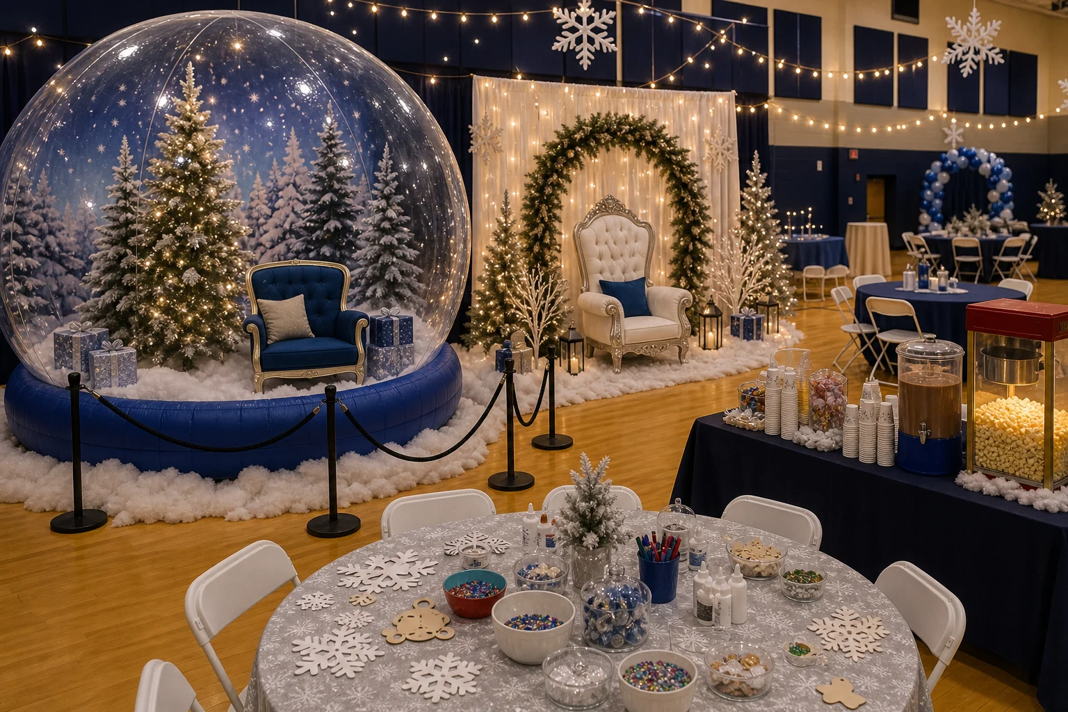 Winter festival feature with snow globe photo area, Santa-style photo chair, craft table, popcorn, plain cups, and winter decorations